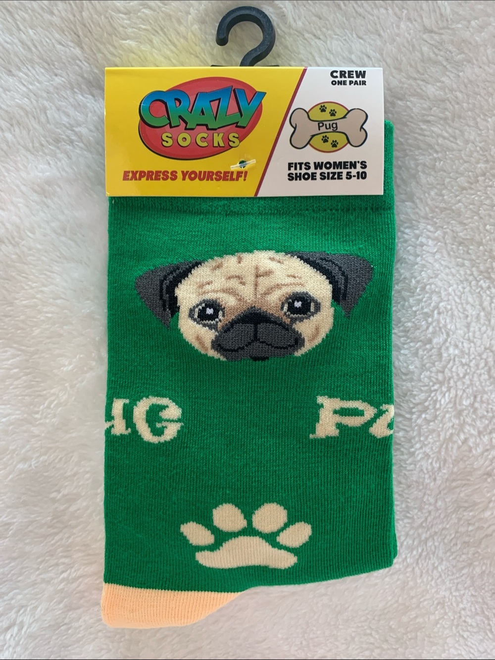 Women's Green Pug Crew Socks